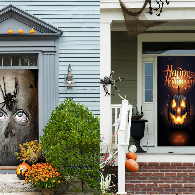 Halloween DoorFotos hanging on Halloween themed house