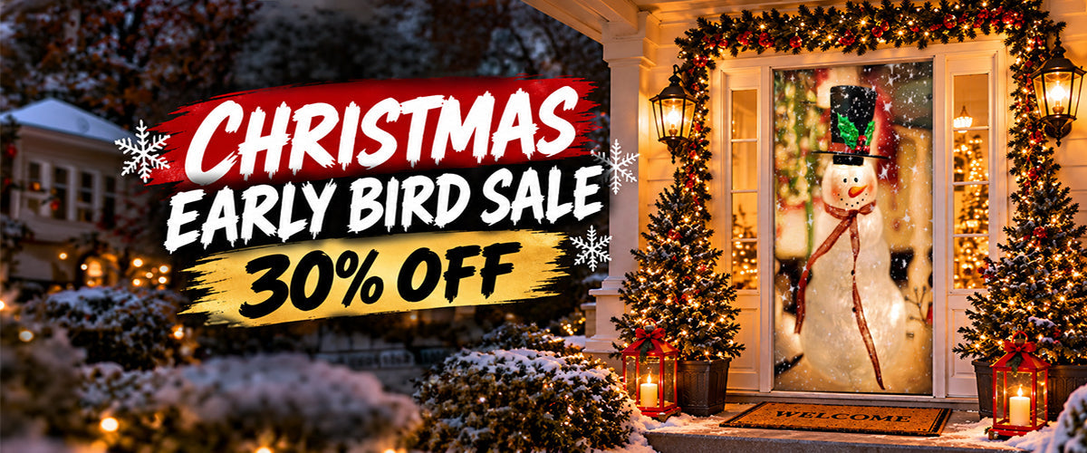 Snowman Christmas door cover on a festive front porch with Christmas lights, garlands and lanterns, advertising DoorFoto's 30% off Early Bird Sale.
