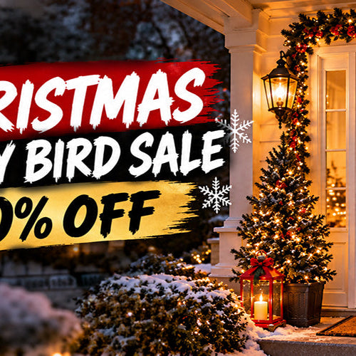 Snowman Christmas door cover on a festive front porch with Christmas lights, garlands and lanterns, advertising DoorFoto's 30% off Early Bird Sale.