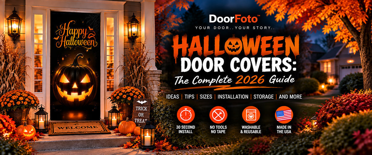 Halloween Door Covers Complete 2026 Guide featuring a scary pumpkin DoorFoto door cover with pumpkins, lanterns and Halloween front porch decorations.