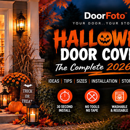 Halloween Door Covers Complete 2026 Guide featuring a scary pumpkin DoorFoto door cover with pumpkins, lanterns and Halloween front porch decorations.