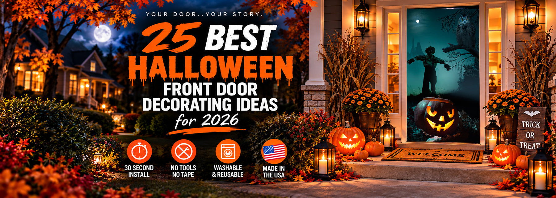 25 best Halloween front door decorating ideas for 2026 featuring a scary DoorFoto Pumpkin Scarecrow door cover with pumpkins, lanterns and fall porch décor.