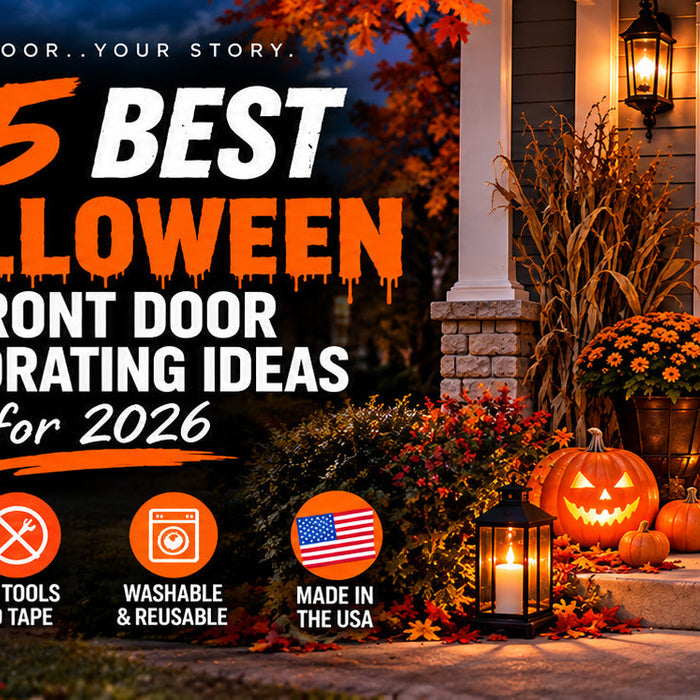 25 best Halloween front door decorating ideas for 2026 featuring a scary DoorFoto Pumpkin Scarecrow door cover with pumpkins, lanterns and fall porch décor.