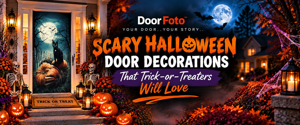 Scary Halloween door decorations featuring a Black Cat DoorFoto door cover, skeletons, pumpkins and glowing porch lights for trick-or-treaters.