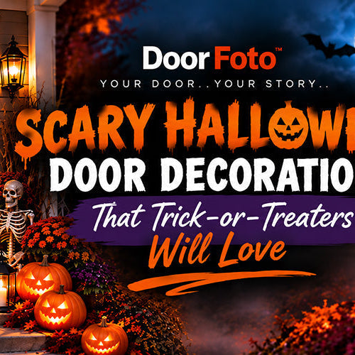 Scary Halloween door decorations featuring a Black Cat DoorFoto door cover, skeletons, pumpkins and glowing porch lights for trick-or-treaters.