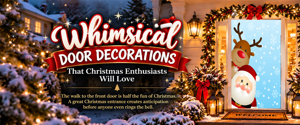 Whimsical Christmas door decorations featuring a cheerful reindeer DoorFoto door cover, glowing Christmas lights, festive garlands, red bows, and snowy front porch decorations.