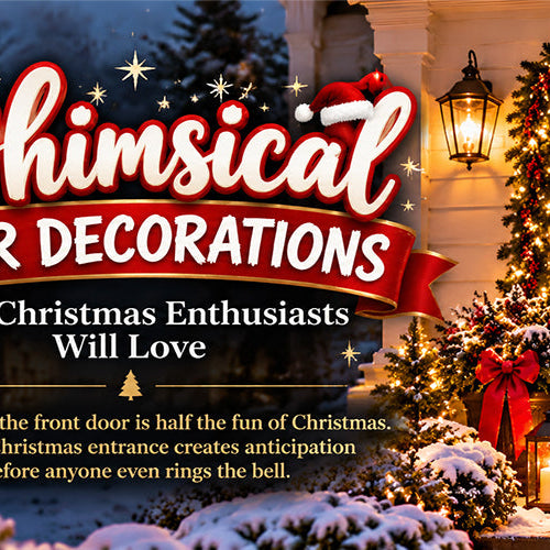 Whimsical Christmas door decorations featuring a cheerful reindeer DoorFoto door cover, glowing Christmas lights, festive garlands, red bows, and snowy front porch decorations.