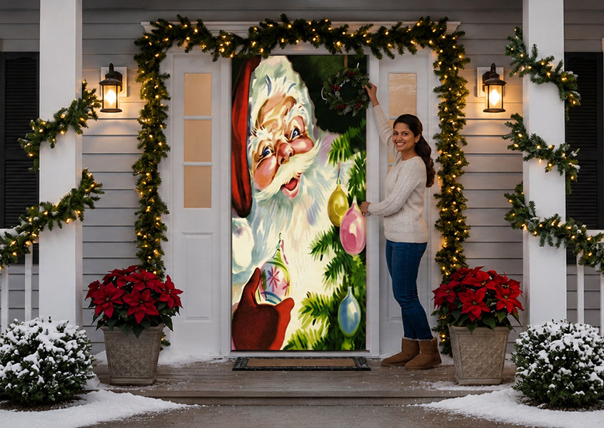 Christmas door cover featuring vintage Santa on a festive front door with holiday garland and Christmas decorations