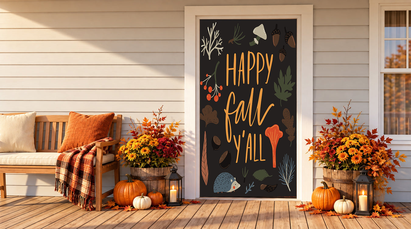 A fall door cover with the words “Happy Fall Y’All” in gold script and autumn-themed illustrations, displayed on a wooden porch with pumpkins, flower arrangements, and a bench.