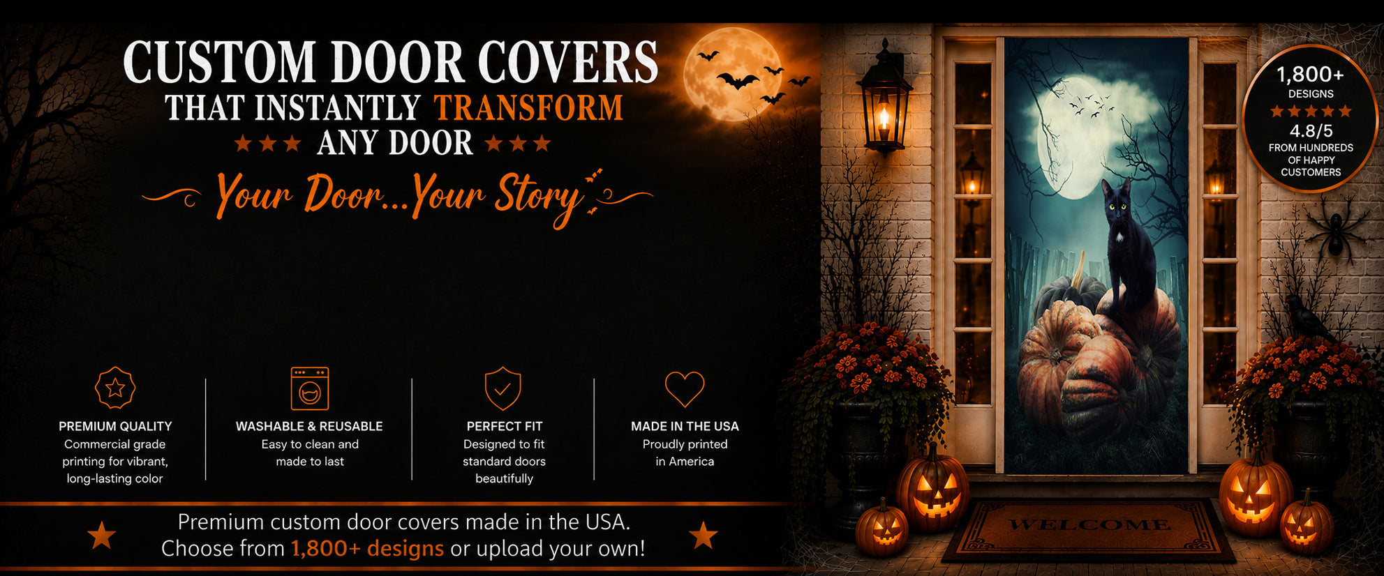 Promotional graphic for custom Halloween door covers, showing a decorated front door with a black cat under a full moon and pumpkins, alongside marketing text and feature icons on a dark background.