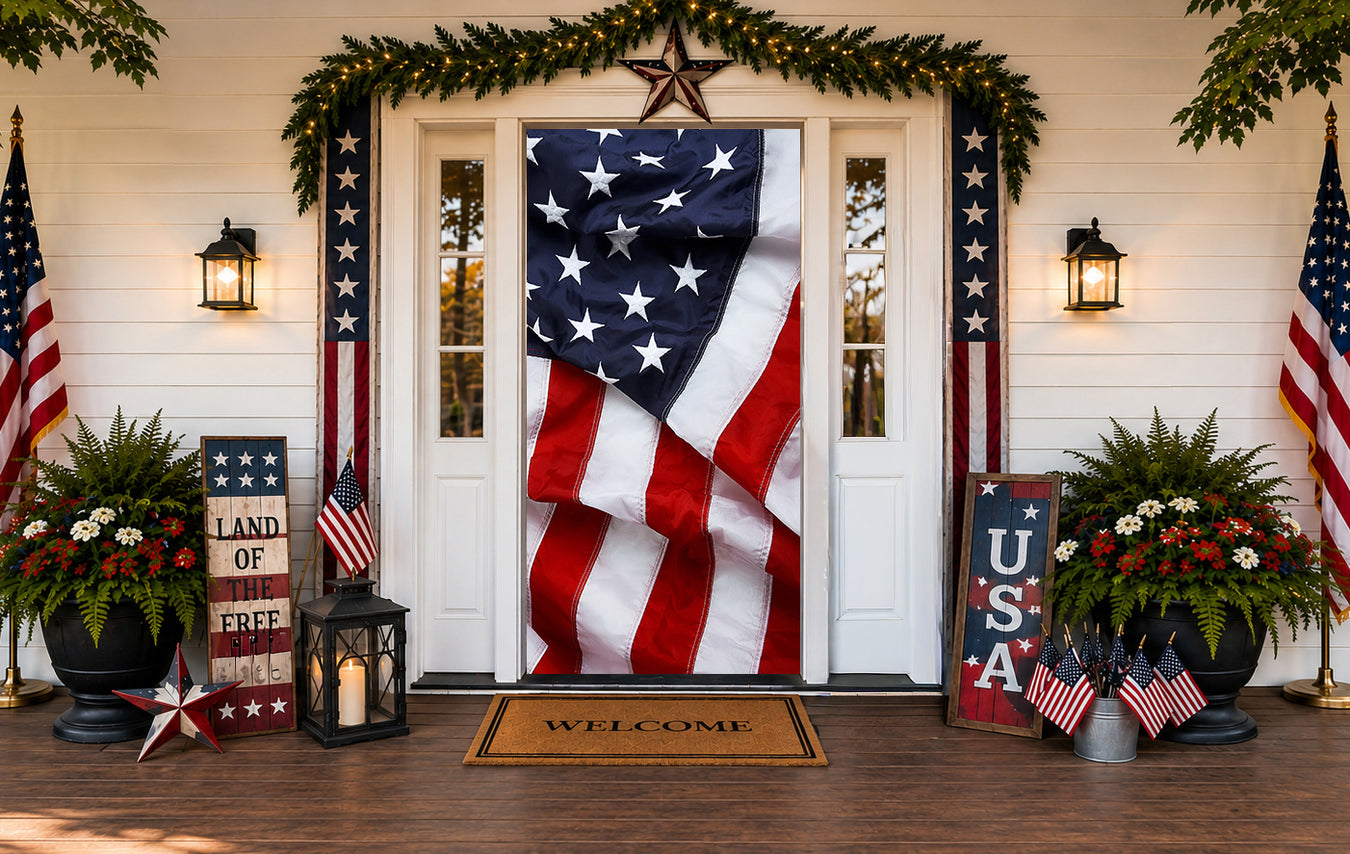 American flag door cover displayed on a patriotic front porch with red, white and blue decorations, USA signs and American flags.
