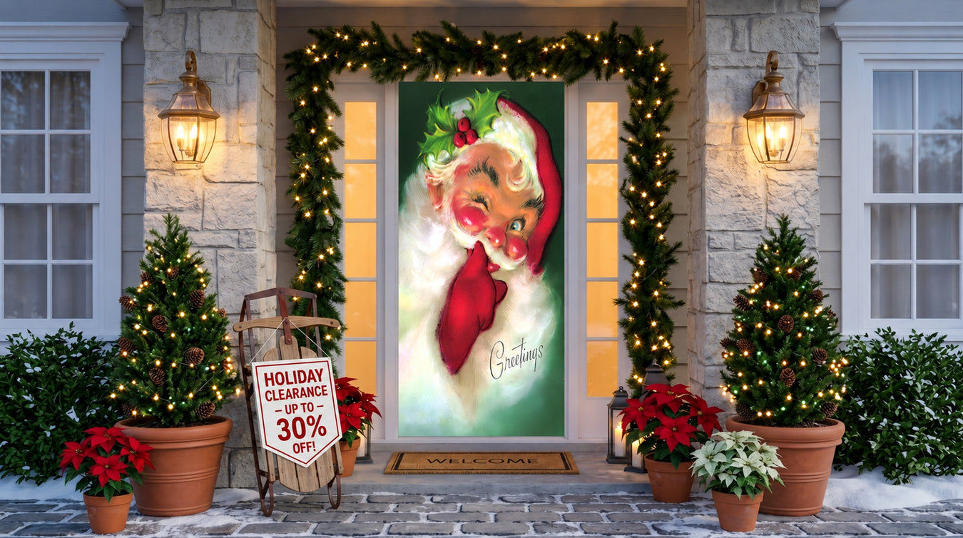 Vintage Santa Christmas DoorFoto door cover on a festive front porch decorated with illuminated garlands, Christmas trees, poinsettias, and a holiday clearance sign advertising up to 30% off.