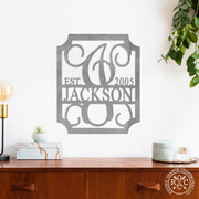 Rusted Orange Craftworks Co. Name Plates Embellished Monogram with Established Date- 2 sizes - Personalized Metal Family Name Sign Home Decor