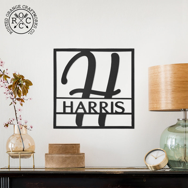 Rusted Orange Craftworks Co. Name Plates Fullerton Monogram - Circle or Square - Metal Last Name Sign Wall Decor