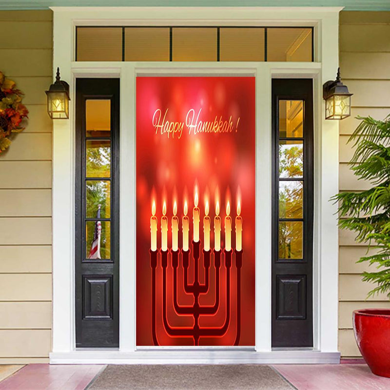DoorFoto Door Cover Menorah Candles Red Background