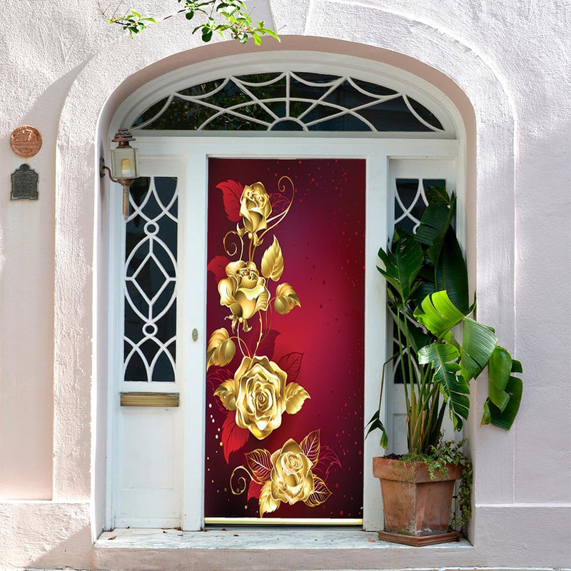 DoorFoto Door Cover Golden Roses Red Background
