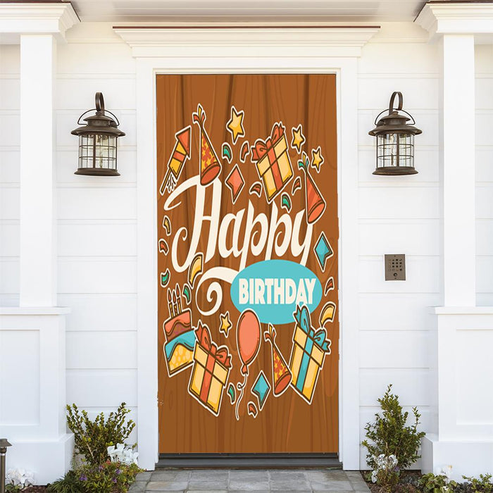 DoorFoto Door Cover Happy Birthday on Wood Background