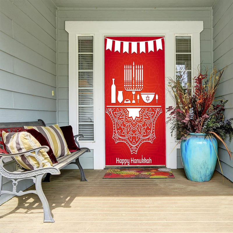DoorFoto Door Cover Happy Hanukkah Red Background