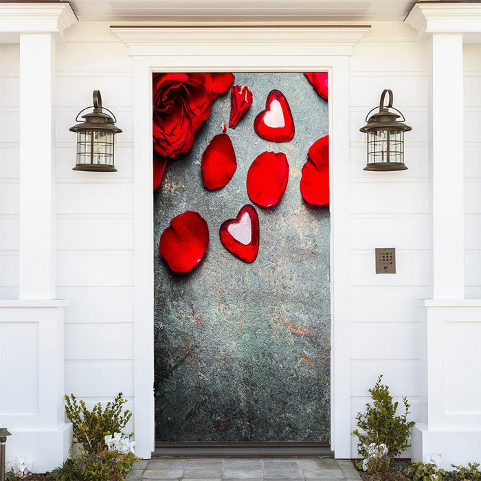 DoorFoto Door Cover Customizable - Red Roses, Petals and Hearts