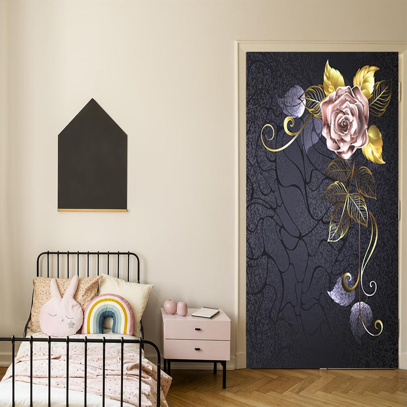 DoorFoto Door Cover Pink Rose with Golden Leaves